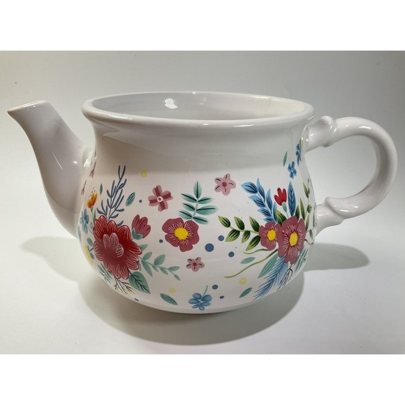 Floral Teapot Ceramic Rose White w/ Blue & Pink Flowers - Picture 1 of 8